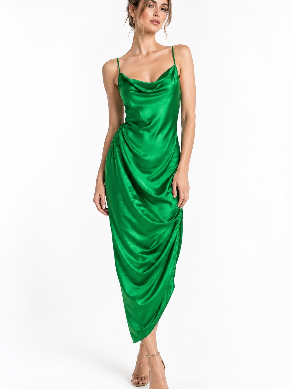 Posh Couture Emerald Green Satin Midi Slip Dress